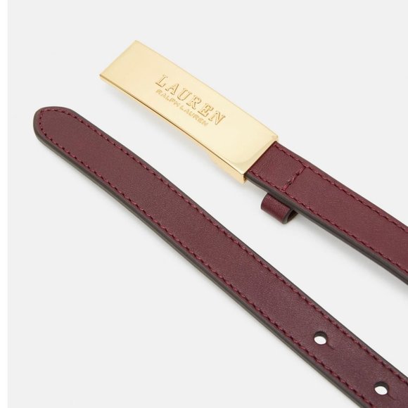 Lauren Ralph Lauren Logo Leather Skinny Belt Vintage Burgundy - Picture 3 of 5